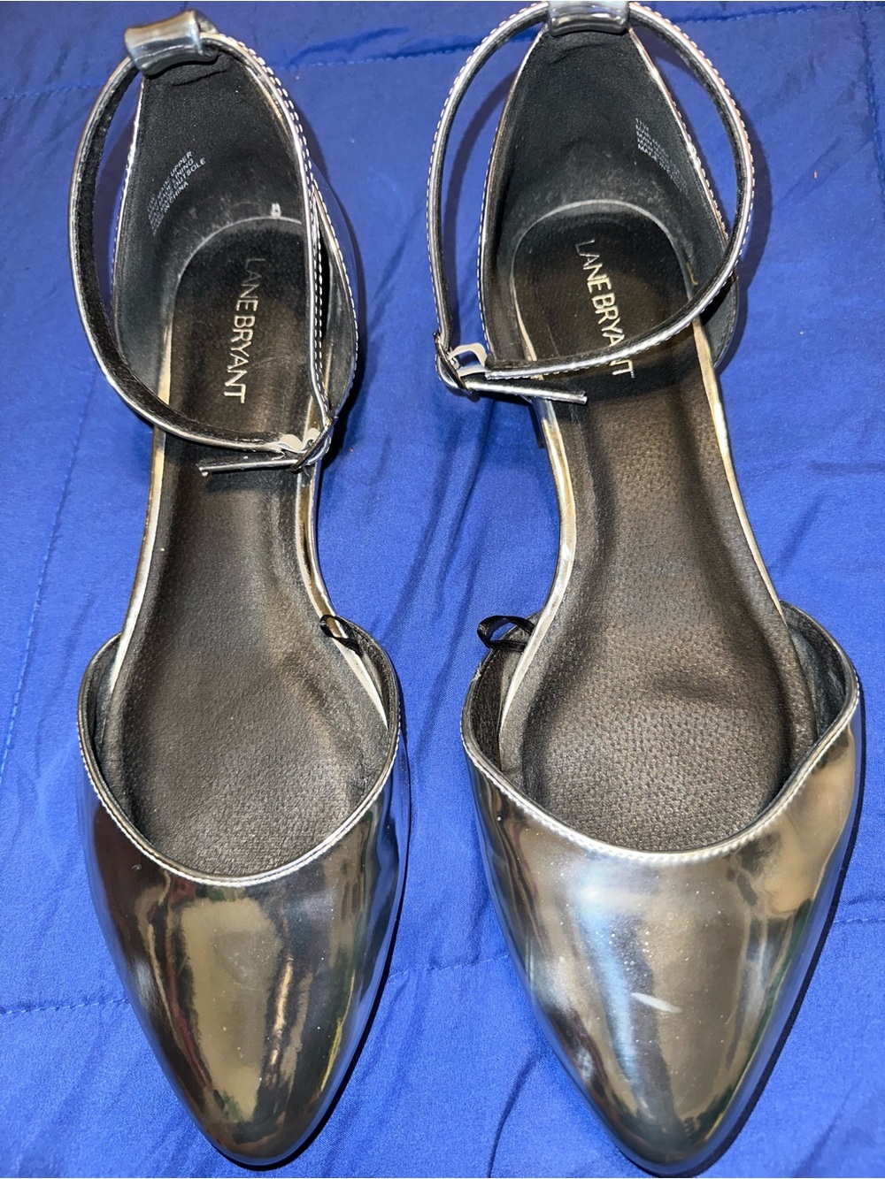 Lane Bryant Metallic Silver Pointed Toe Ankle-Strap Flats